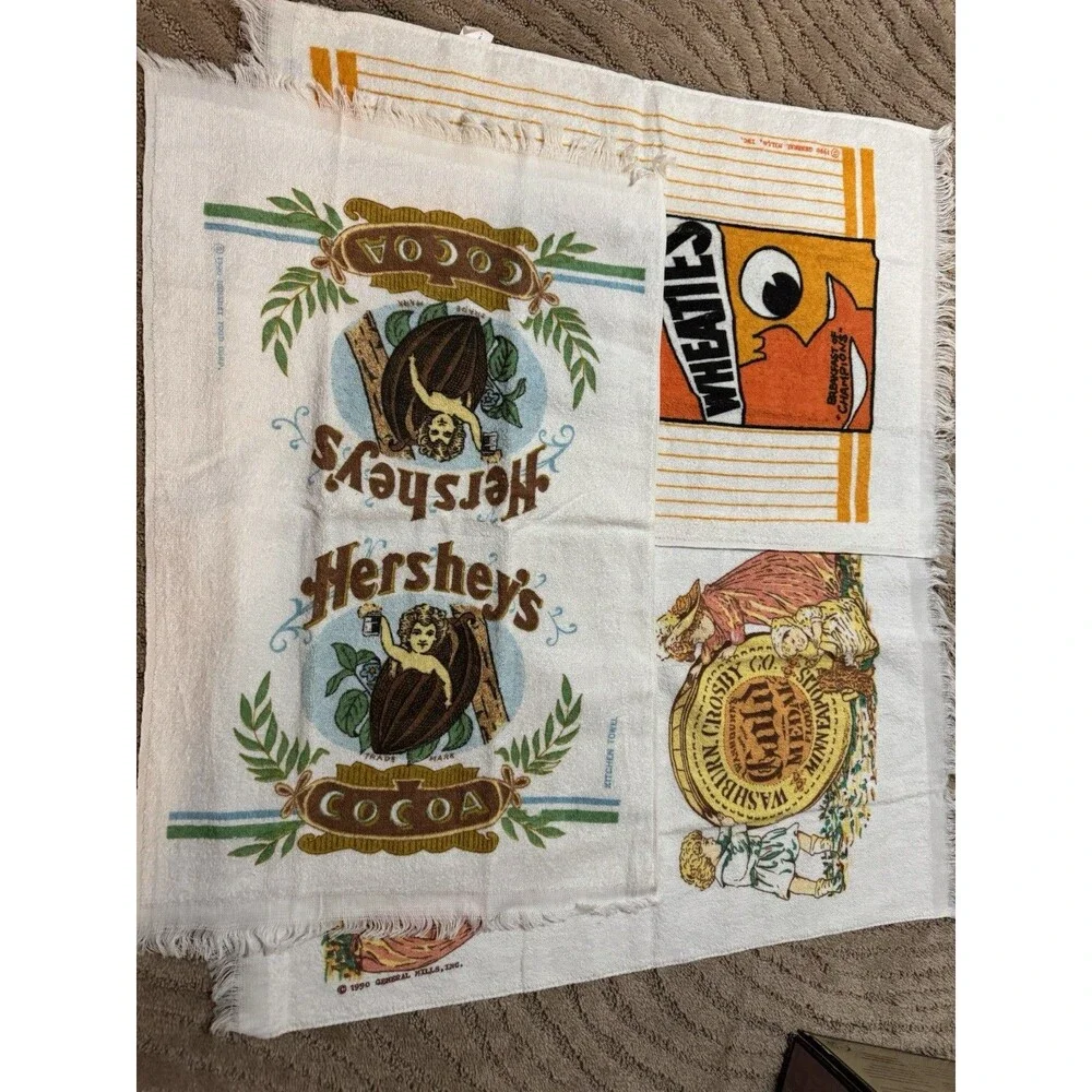 3 Vintage 1990 Kitchen Towels Wheaties, Golden Medal Flour  And Hershey’s Cocoa